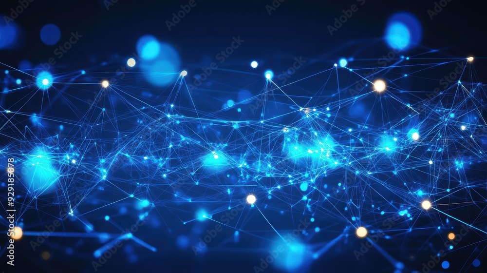 Poster a digital network visualization with blue and white nodes representing connections.