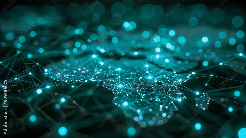 Poster global network connections and data flow representation over abstract world map in blue