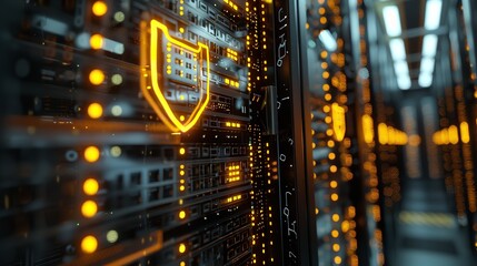 Obraz premium cybersecurity, Server Rack in Futuristic Data Center, server room with shield icon, security icon