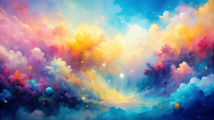 Fototapeta premium Vibrant abstract watercolor painting featuring soft, blended brushstrokes and fluid shapes in shades of blue, pink, and yellow, creating a dreamy, ethereal atmosphere.