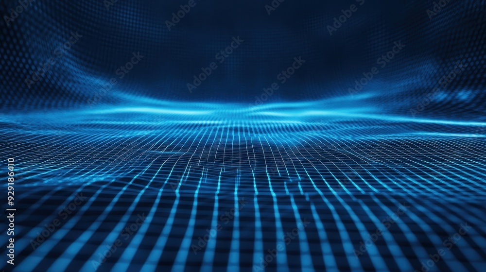 Poster a digital representation of a grid-like surface with blue waves, suggesting depth and movement.
