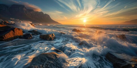 Naklejka premium Seascape of Camps Bay at Sunset Serene Nature Retreat and Ideal Vacation Spot