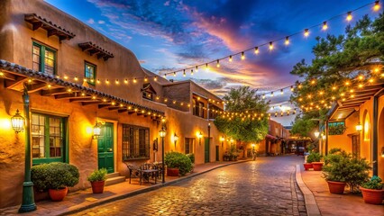 Obraz premium Vibrant adobe architecture and twinkling string lights illuminate a quiet New Mexico evening in the historic downtown area of Santa Fe, New Mexico.