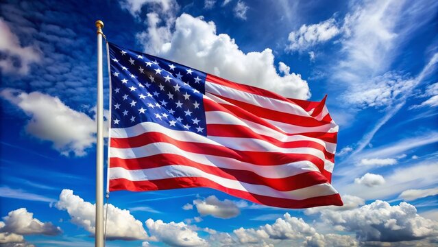 Vibrant American flag waving in the breeze, set against a bright blue sky with white puffy clouds, perfect for Independence Day celebrations.