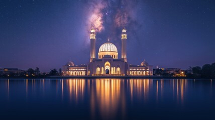 Fototapeta premium Majestic Mosque Reflected in a Tranquil Lake Under a Starry Night Sky