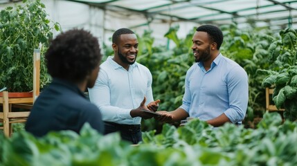 Consultants engage in a discussion about agricultural strategies in a vibrant greenhouse