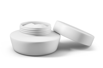 A white jar of cream is open and sitting on a white background