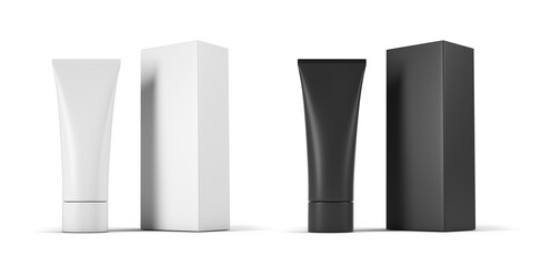 Makeup tube with its black and white box, on a white background