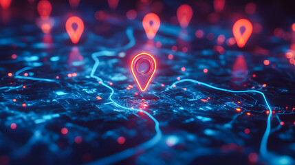Digital city map with glowing location marker, Glowing Neon Map Pin technology futuristic technology 
