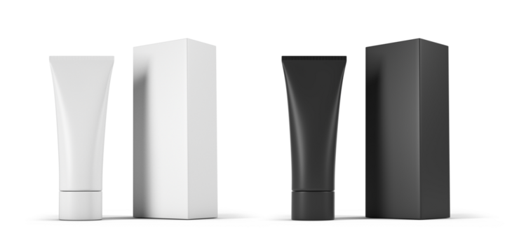 Makeup tube with its black and white box, on a white background