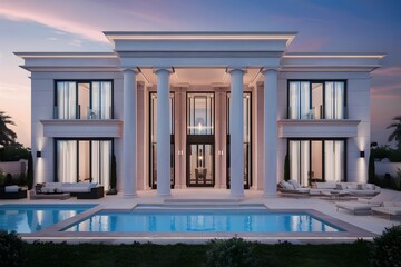 3d rendering of modern cozy house with pool and parking for sale or rent in luxurious style and beautiful landscaping on background. Cool winter night with stars in sky.
