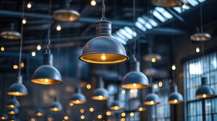 Industrial Chic: A symphony of vintage pendant lights cast a warm glow in a contemporary industrial space, their soft light illuminating the sleek metal fixtures and creating a cozy ambiance.  