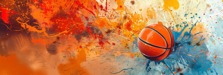 A basketball explodes with color, symbolizing energy, sport, action, creativity, and  abstract art.