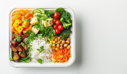 Buffet meal / school lunch in a plastic container. Tasty simple meal with rice and a variety of fresh vegetables. White background with copy space. Top view, from above.
