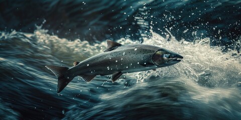 Fototapeta premium Salmon travelling upstream leaping high to spawn