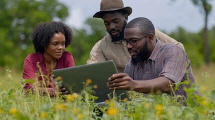 A group discusses data insights while working collaboratively in a vibrant field