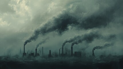 Obraz premium A dark industrial landscape with smoke billowing from factories against a cloudy sky.