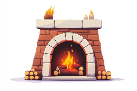 recommend clip art: A cartoon illustration of a brick fireplace with a burning fire, logs, and candles on top, symbolizing warmth, comfort, home, relaxation, and winter.