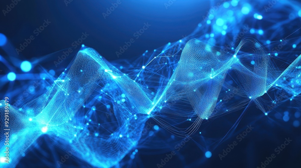 Poster a digital wave pattern with blue light effects, representing data or technology concepts.