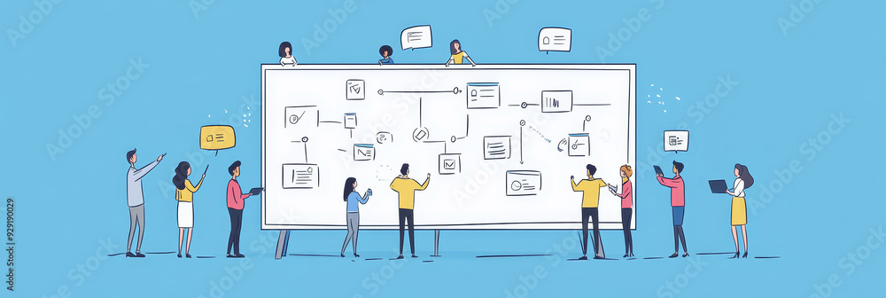 Poster a diverse team of individuals brainstorming and collaborating on a flowchart drawn on a whiteboard, 