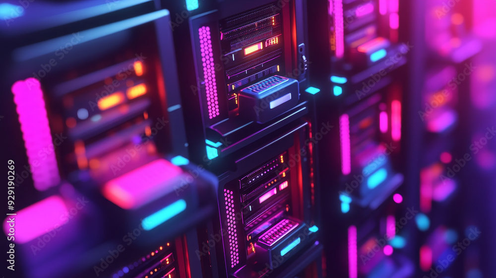 Poster a futuristic data center with rows of servers illuminated by vibrant neon lights, symbolizing techno
