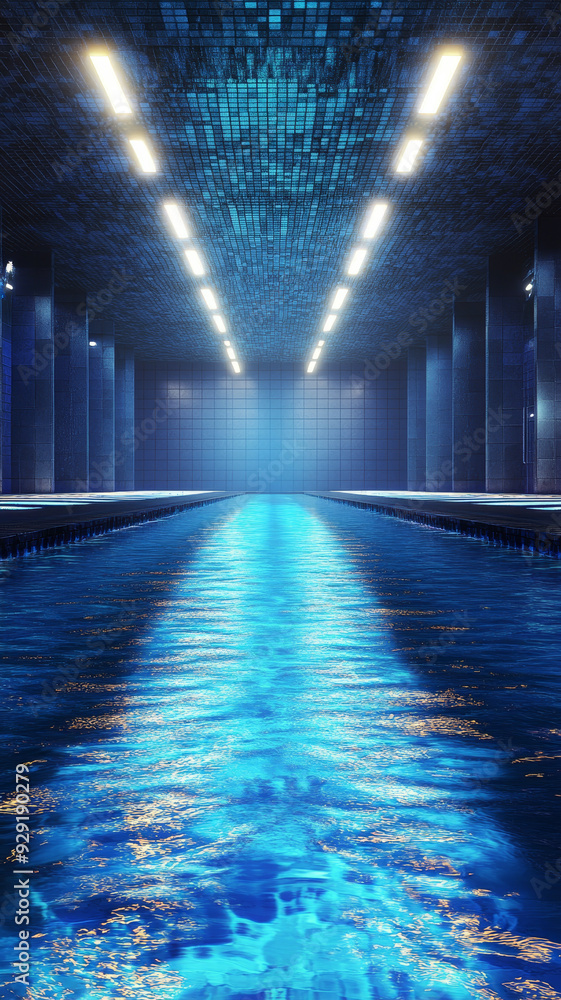 Aufkleber a futuristic and abstract image of a swimming pool inside a tunnel with bright lights reflecting on 