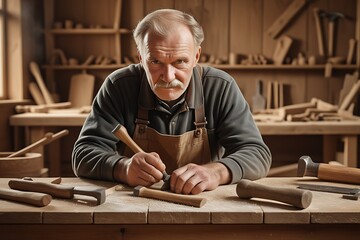 A portrait of a skilled carpenter in his workshop, surrounded by tools and unfinished wooden structures, embodying craftsmanship, dedication, and pride