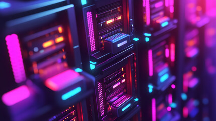 Obraz premium A futuristic data center with rows of servers illuminated by vibrant neon lights, symbolizing technology, data storage, power, speed, and digital transformation.