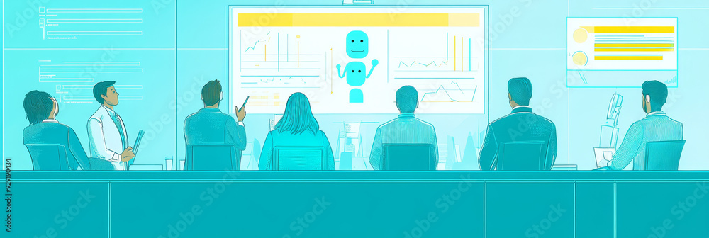 Poster a group of business professionals gather for a presentation, focused on a screen displaying data and