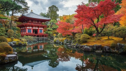 Obraz premium Autumnal Japanese garden with red pagoda and pond.