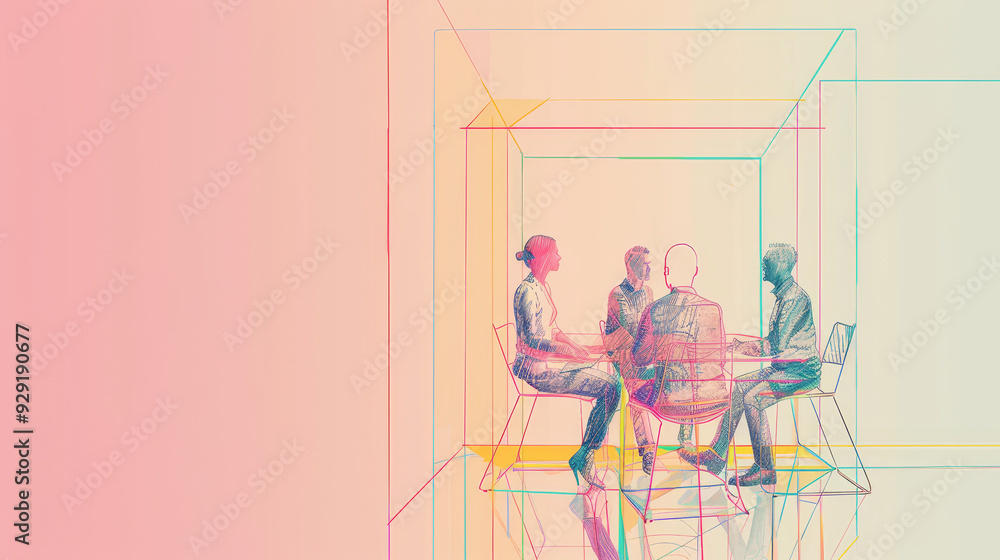 Aufkleber a group of four individuals are seated around a table, engaged in a discussion. the setting is a mod