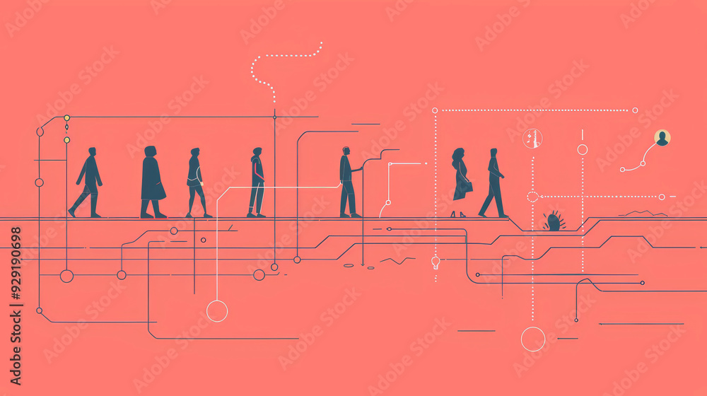 Poster a group of individuals walking on a complex network of interconnected paths, symbolizing the interco