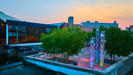 Aerial View of Modern Building and Illuminated Towers at Dusk in South Bend