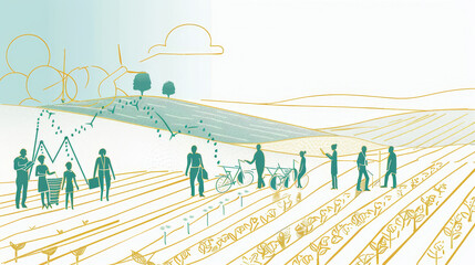 A group of people working together in a field, symbolizing community, collaboration, sustainability, and a shared vision for the future.