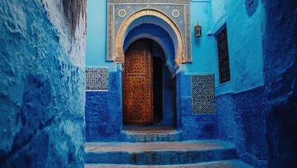 Naklejka premium Blue walls, ornate archway, wooden door, stairs.