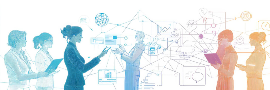 A group of professionals stand in front of a digital network, showcasing collaboration, innovation, and connectivity in a modern business environment.