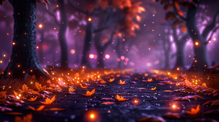 Autumn Park at Dusk with Orange Tree Light