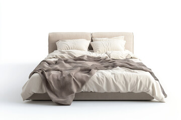 A luxurious bed with a beige headboard and a gray blanket and pillows, symbolizing comfort, relaxation, and modern interior design.