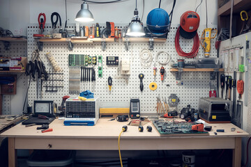 A workspace of an electrician, featuring a workbench with neatly arranged tools, and circuit board in progress,.