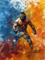 A muscular man in fighting stance, showcasing strength and determination.  The abstract background emphasizes his focus and the intensity of the fight.