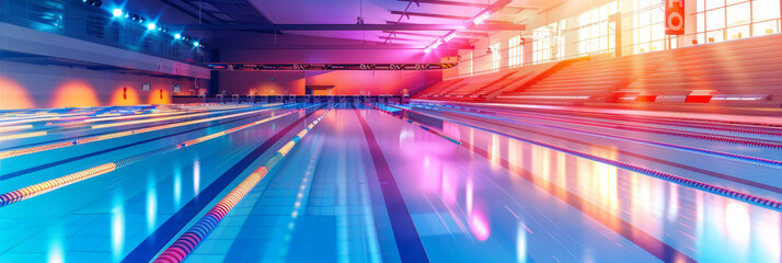 A pristine indoor swimming pool with clear blue water, illuminated by colorful lights reflecting on the surface. The image evokes a sense of tranquility, health, and leisure.