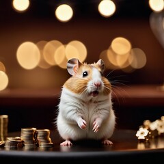 A hamster next to coins.