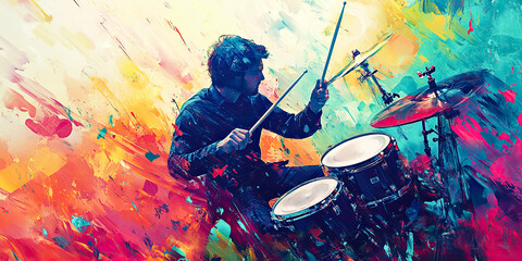 Drummer passionately playing drums against a vibrant, abstract background with splashes of color, capturing the energy and creativity of music