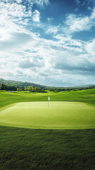 A scenic view of a pristine golf course green with a flag in the distance, set against a backdrop of a bright blue sky with fluffy white clouds, symbolizing peace, relaxation, precision, and the beaut