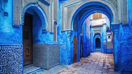 Blue Moroccan alleyway with ornate archways.