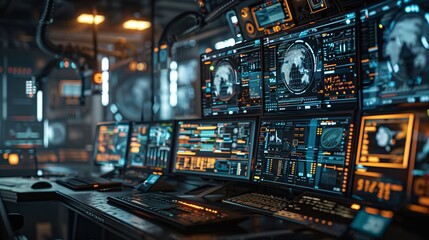 Naklejka premium cybersecurity, Futuristic control room with multiple digital screens displaying data and analytics