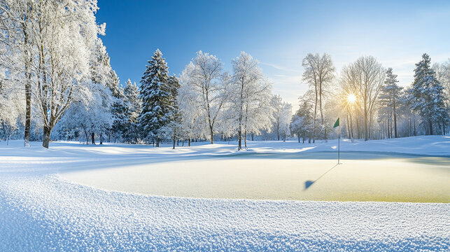 A serene winter scene with a snow-covered golf course, glistening trees, and a sunbeam illuminating the frozen green. It represents peace, tranquility, resilience, and the beauty of nature in winter.