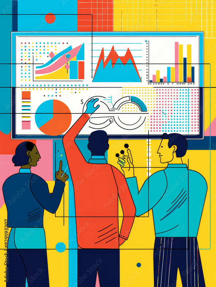 Poster a team of diverse individuals collaborates around a digital dashboard, analyzing data to drive busin