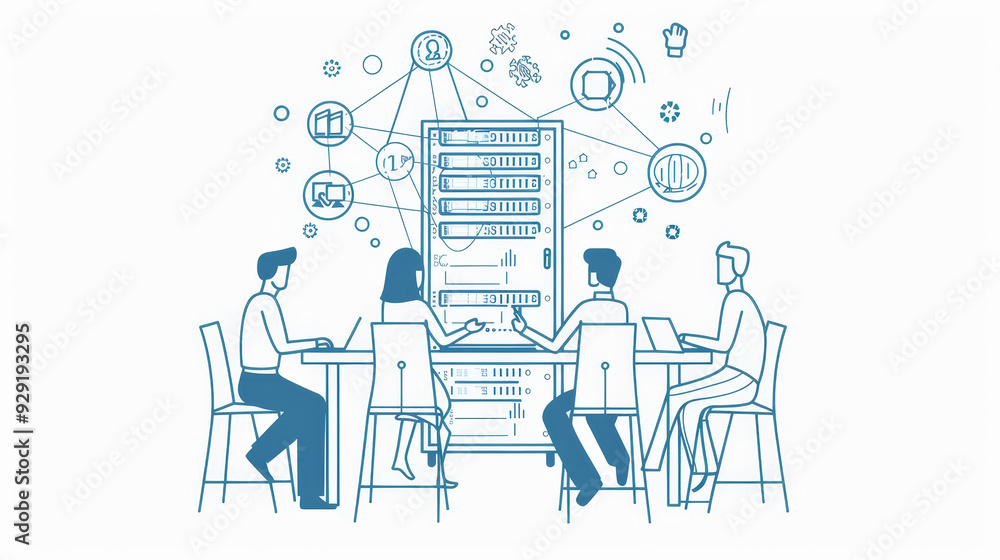 Poster a team of four individuals collaborate around a server, illustrating a concept of data-driven decisi