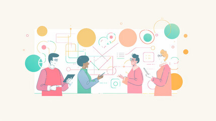 Fototapeta premium A team of four diverse individuals work together on a data-driven project, with colorful charts and diagrams representing their progress, symbolizing collaboration, innovation, analysis, strategy, and